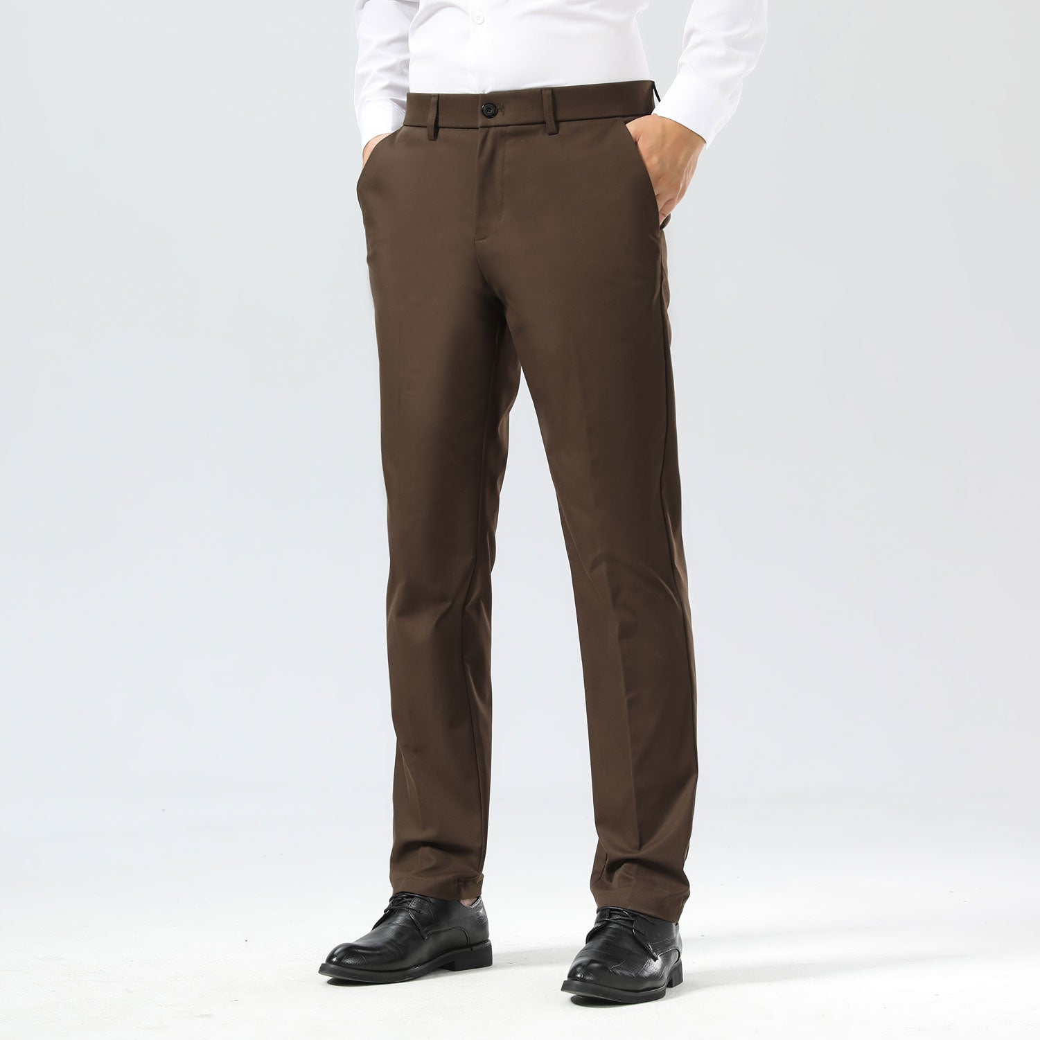 Plaid&Plain Brown Men's Dress Pants | Slim Fit Stretch Comfy Dress Pants