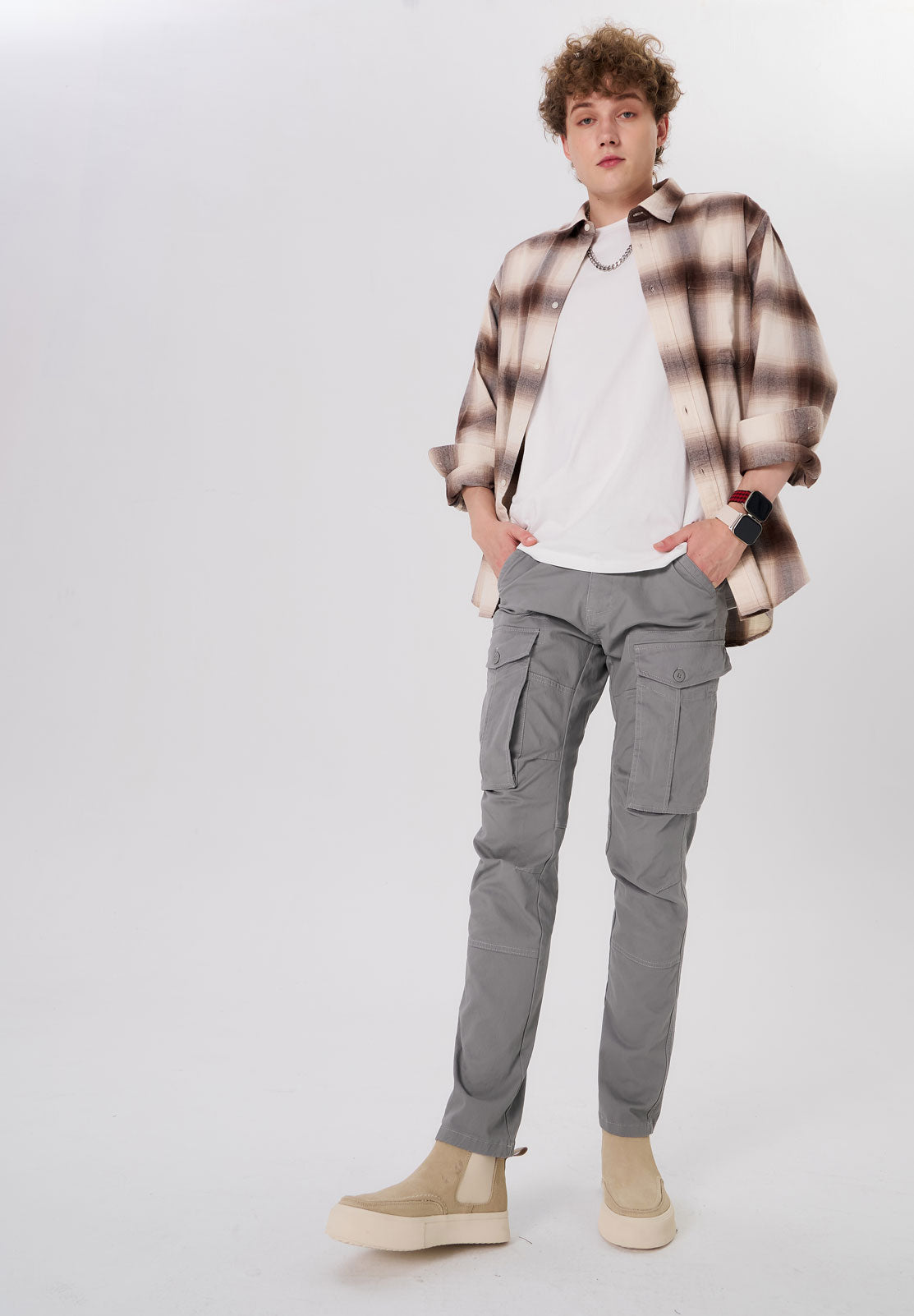 Plaid&Plain Men's Iron Grey Slim Fit Cargo Pants | Tactical Utility with Articulated Knees | Outdoor Hiking & Workwear