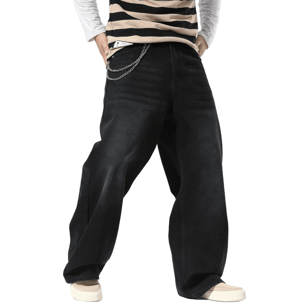 Plaid&Plain Men's Washed Black Baggy Jeans | Wide Leg Denim Pants for Hip Hop & Skateboarding - Plaid&Plain-B01-Washed Black-28X28