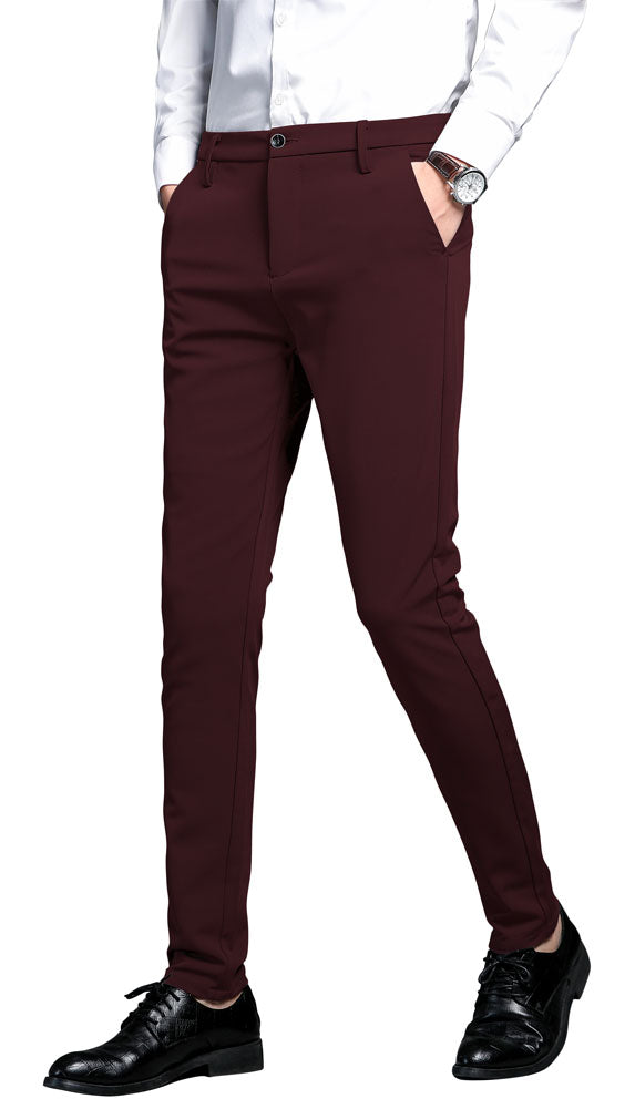 Plaid&Plain - Men's - Stretch - Dress -Pants - Slim - Fit - Skinny - Suit - Pants - Burgundy - Front