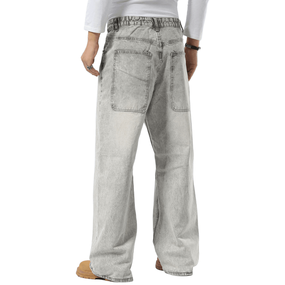 Plaid&Plain Men's Washed Grey Baggy Jeans | Wide Leg Denim Pants for Hip Hop & Skateboarding - Plaid&Plain-B01-Washed Grey-28X28