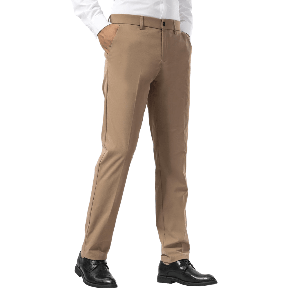 Plaid&Plain Khaki Men's Dress Pants | Slim Fit Stretch Comfy Dress Pants - Plaid&Plain-8802-Khaki-28x28