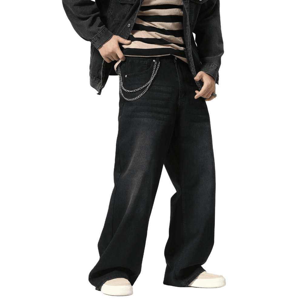 Plaid&Plain Men's Washed Black Baggy Jeans | Wide Leg Denim Pants for Hip Hop & Skateboarding - Plaid&Plain-B01-Washed Black-28X28