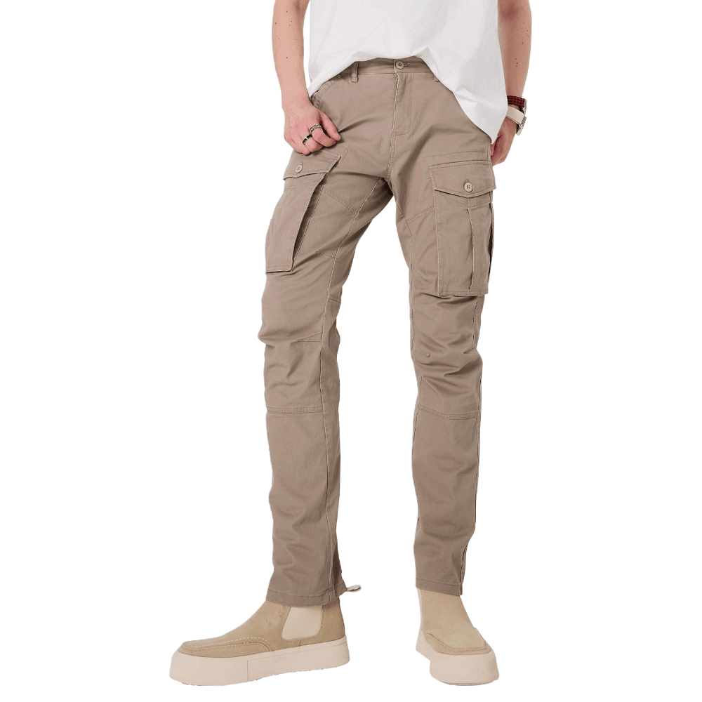 Plaid&Plain Men's Taupe Slim Fit Cargo Pants | Tactical Utility with Articulated Knees | Outdoor Hiking & Workwear - Plaid&Plain-C804-Taupe-28X28