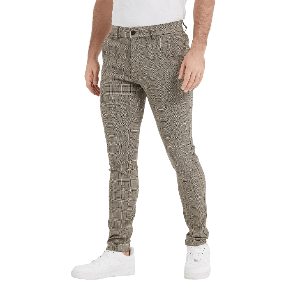 Plaid&Plain Men's Plaid Skinny Stretchy Khaki Chinos | Slacks Tapered Trousers - Plaid&Plain-7301-Khaki-28X28