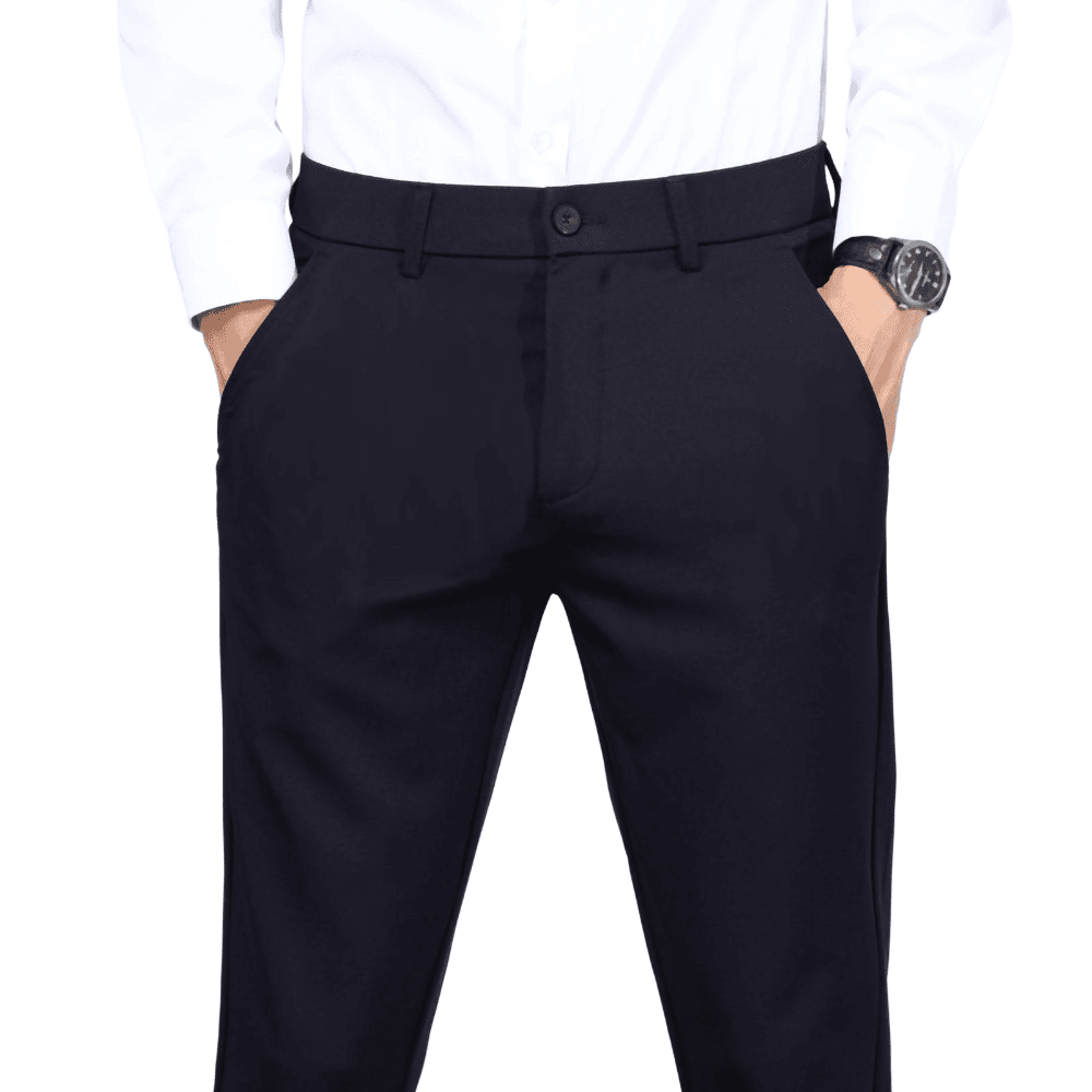 Plaid&Plain Men's Navy Blue Slim Fit Dress Pants | 4-Way Flex Stretch Suit Pants - Plaid&Plain-603-Navy Blue-27X28