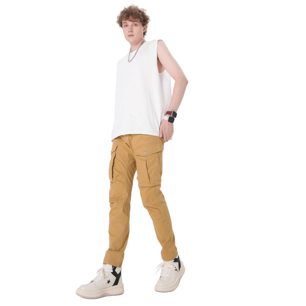 Plaid&Plain Men's Khaki Slim Fit Cargo Pants | Tactical Utility with Articulated Knees | Outdoor Hiking & Workwear - Plaid&Plain-C804-Khaki-28X28