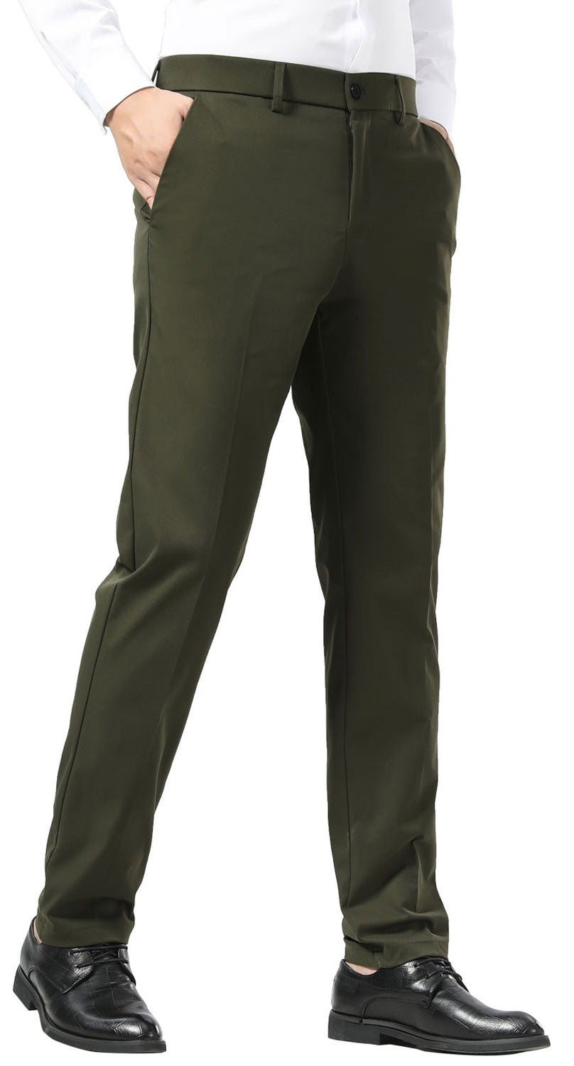 Plaid&Plain Olive Men's Dress Pants | Slim Fit Stretch Comfy Dress Pants