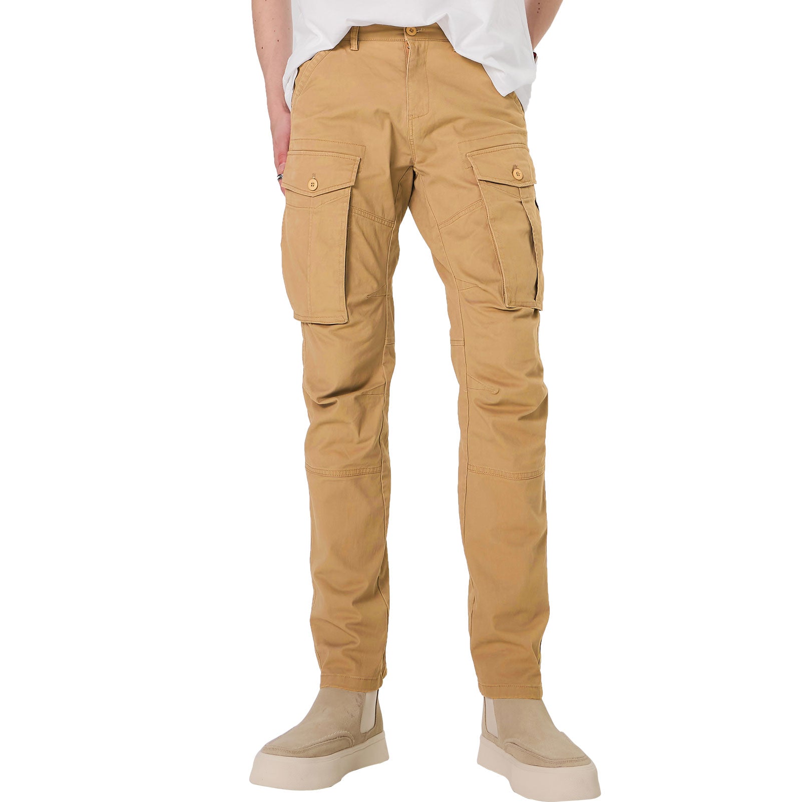 Plaid&Plain Men's Khaki Slim Fit Cargo Pants | Tactical Utility with Articulated Knees | Outdoor Hiking & Workwear