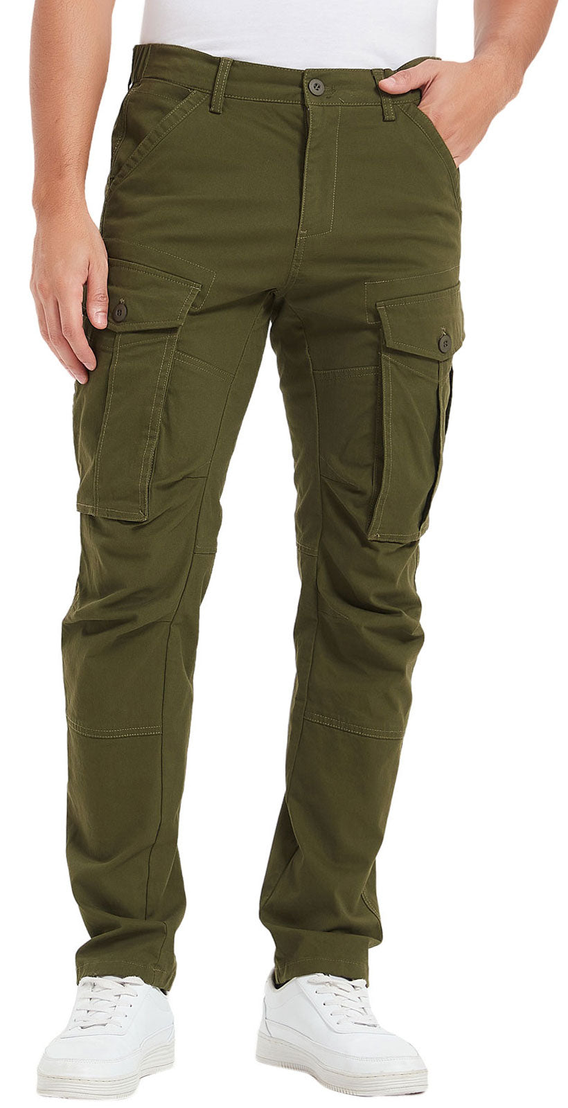 Plaid&Plain Men's Olive Slim Fit Cargo Pants | Tactical Utility with Articulated Knees | Outdoor Hiking & Workwear