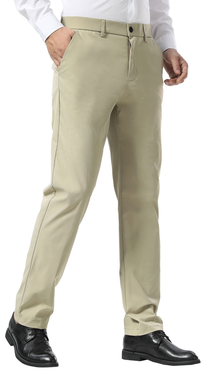 Plaid&Plain Beige Men's Dress Pants | Slim Fit Stretch Comfy Dress Pants