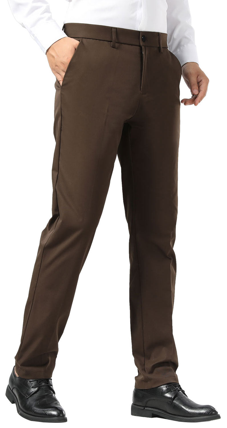 Plaid&Plain Brown Men's Dress Pants | Slim Fit Stretch Comfy Dress Pants