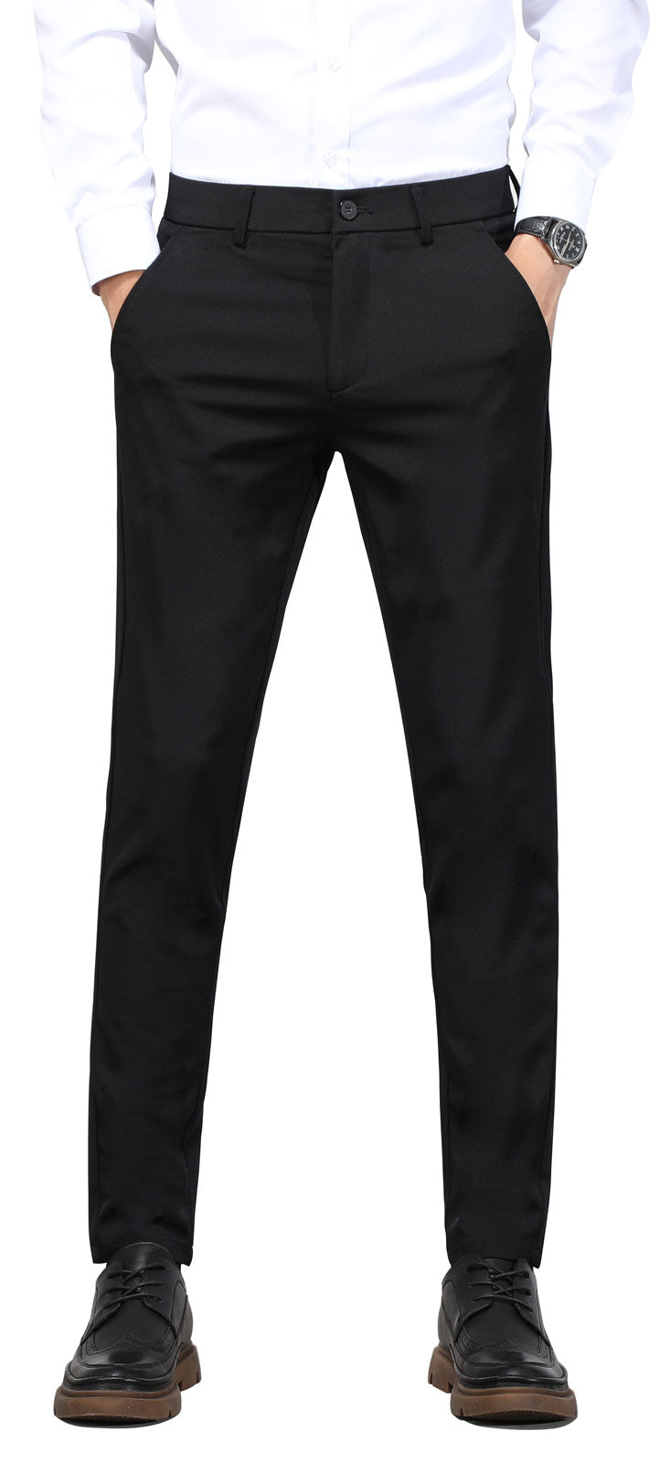 Plaid&Plain Men's Black Slim Fit Dress Pants | 4-Way Flex Stretch Suit Pants