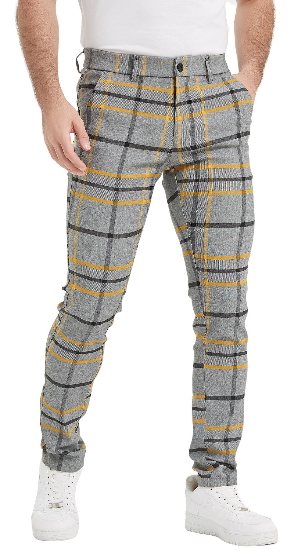 Plaid&Plain Grey Yellow Plaid Skinny Men's Chinos | Slacks Tapered Trousers