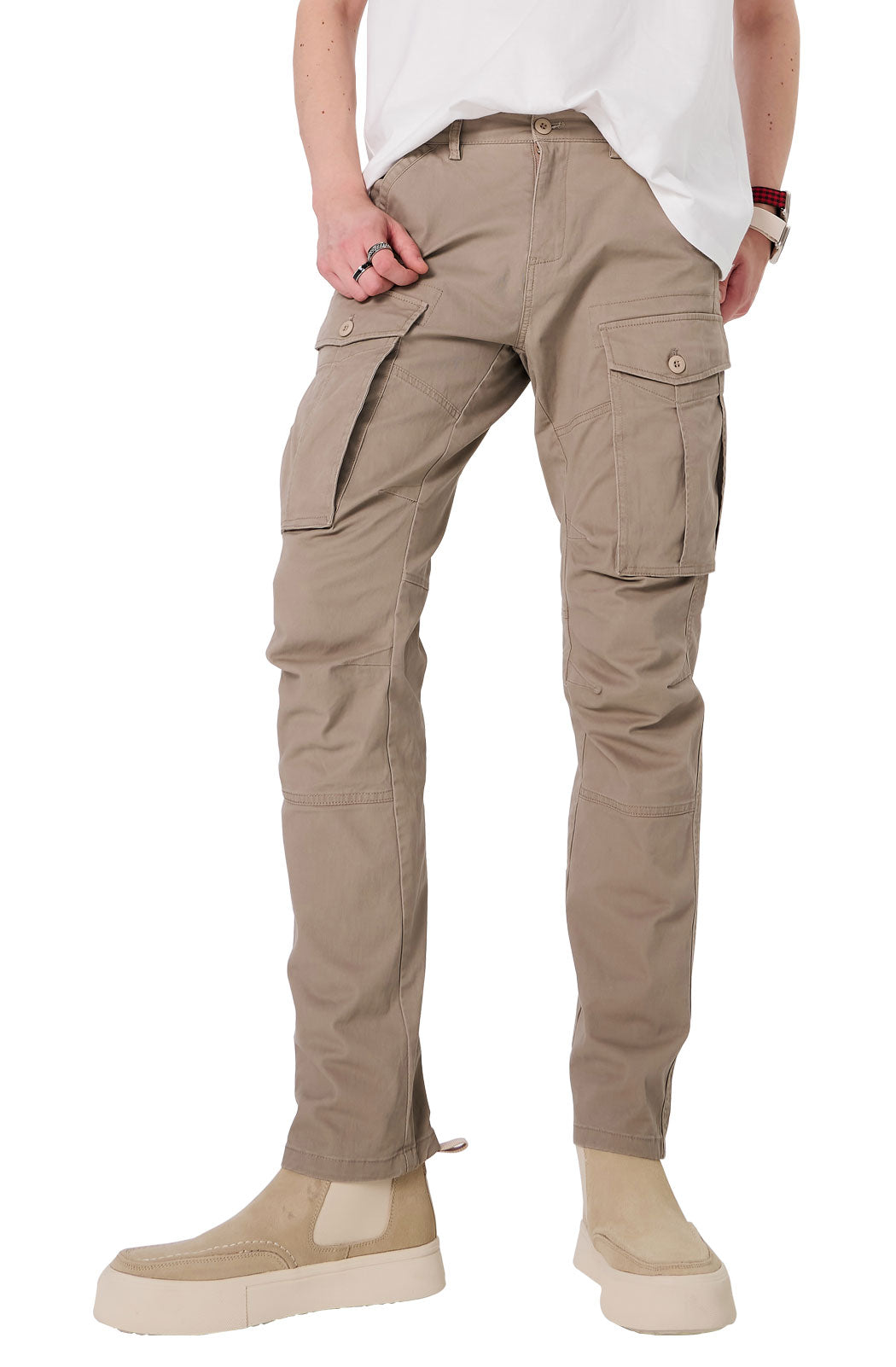 Plaid&Plain Men's Taupe Slim Fit Cargo Pants | Tactical Utility with Articulated Knees | Outdoor Hiking & Workwear