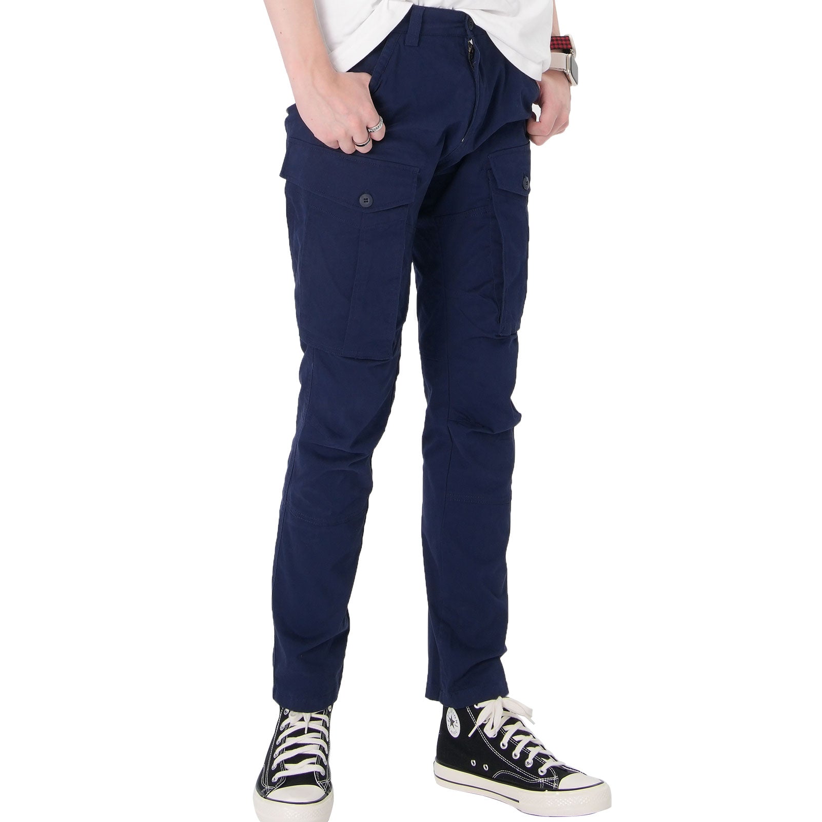 Plaid&Plain Men's Navy Blue Slim Fit Cargo Pants | Tactical Utility with Articulated Knees | Outdoor Hiking & Workwear