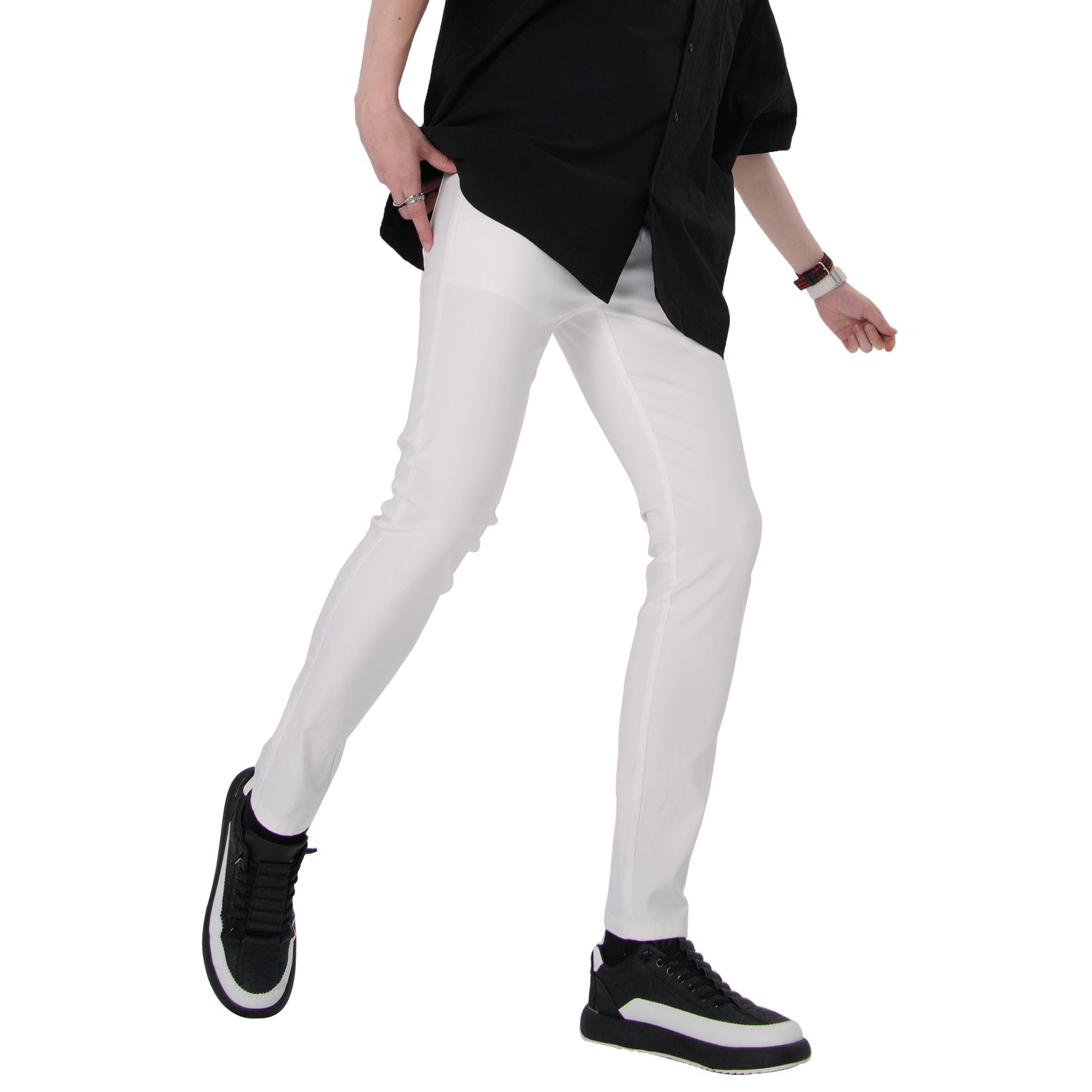 Plaid&Plain Men's White Skinny Stretchy Chinos| Slim Fit Slacks Tapered Trousers