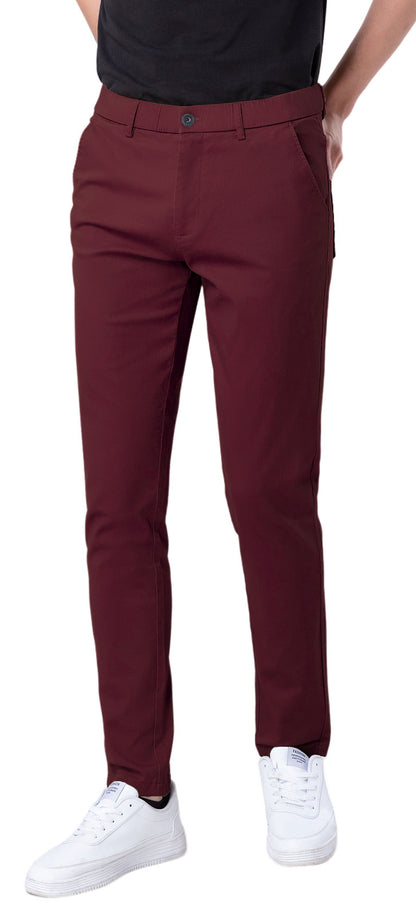 Plaid&Plain Men's Burgundy Skinny Chinos | Slacks Tapered Trousers Suit Pants