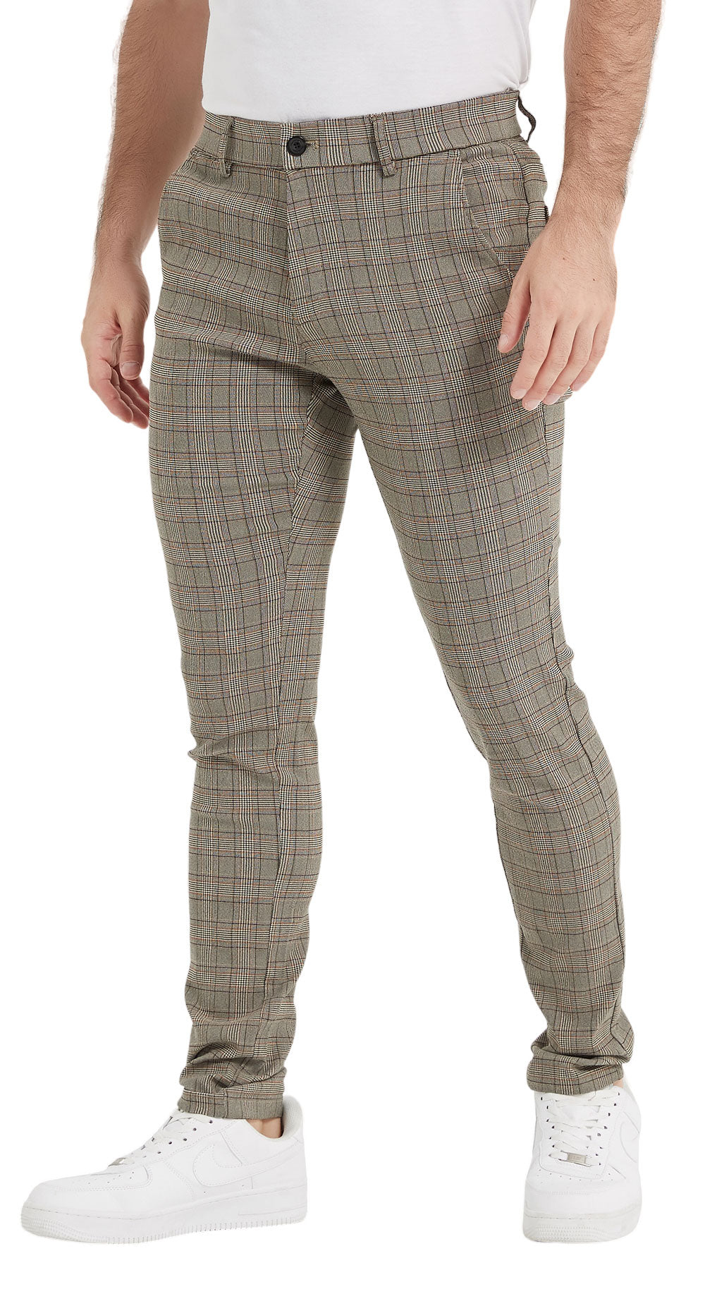Plaid&Plain Men's Plaid Skinny Stretchy Khaki Chinos | Slacks Tapered Trousers