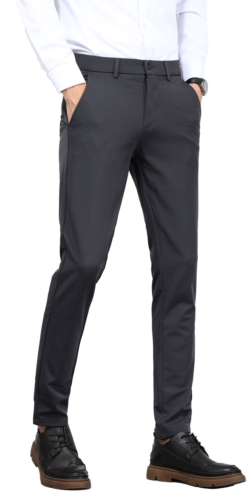 Plaid&Plain Men's Charcoal Slim Fit Dress Pants | 4-Way Flex Stretch Suit Pants