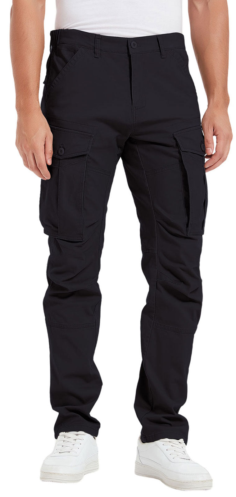 Plaid&Plain Men's Black Slim Fit Cargo Pants | Tactical Utility with Articulated Knees | Outdoor Hiking & Workwear