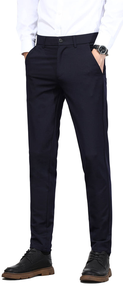 Plaid&Plain Men's Navy Blue Slim Fit Dress Pants | 4-Way Flex Stretch Suit Pants