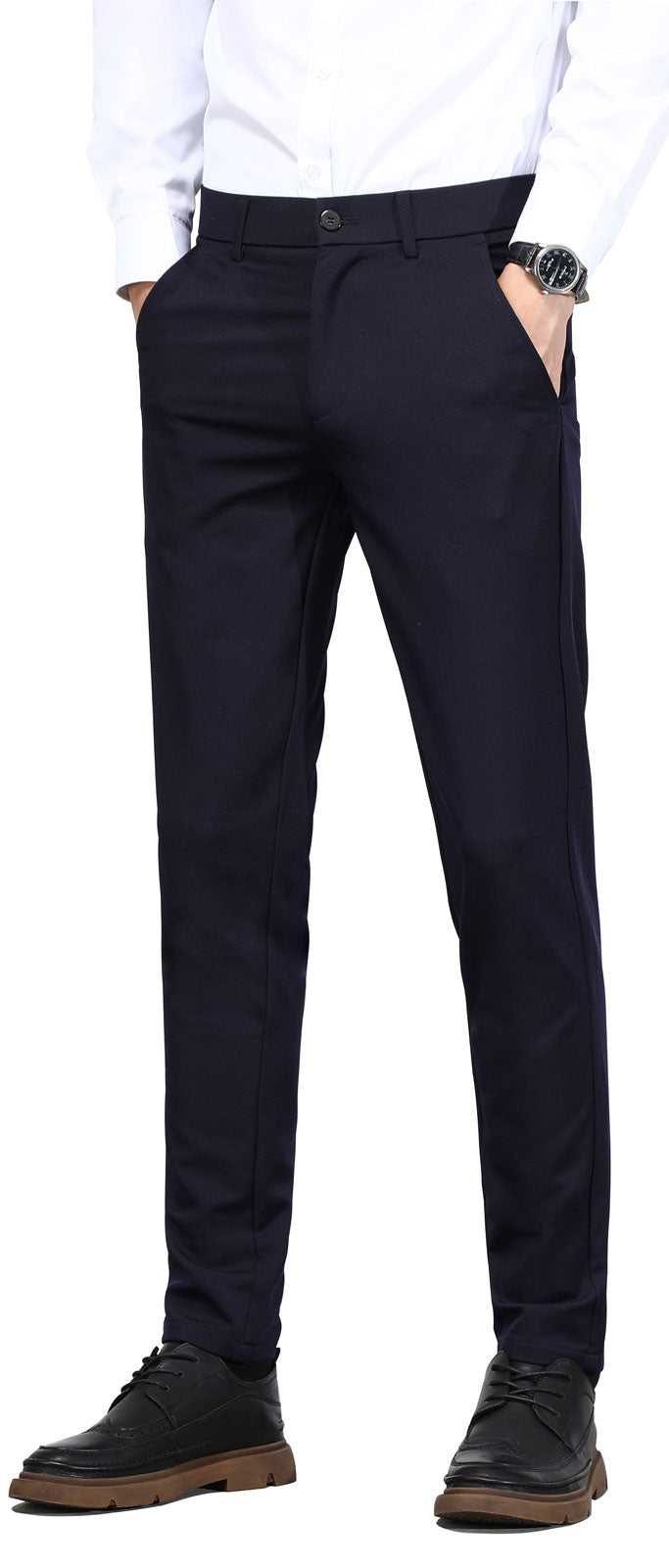 Plaid&Plain Men's Navy Blue Slim Fit Dress Pants | 4-Way Flex Stretch Suit Pants
