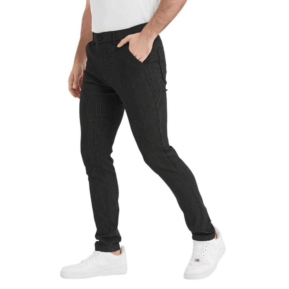Plaid&Plain Black Strip Skinny Men's Chinos | Slacks Tapered Trousers - Plaid&Plain-7301-Black-28X28