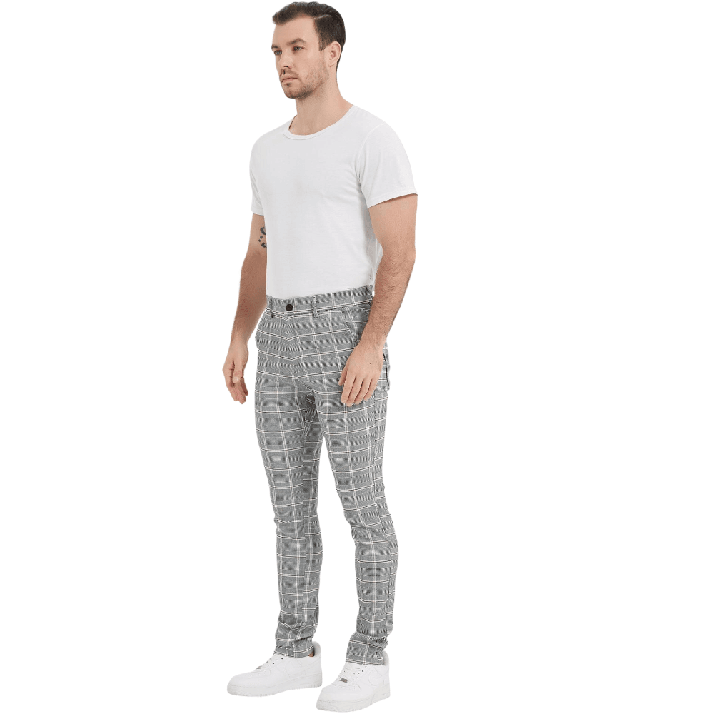 Plaid&Plain Grey Plaid Patterned Skinny Men's Chinos | Slacks Tapered Trousers - Plaid&Plain-7301-Grey-White-28X28