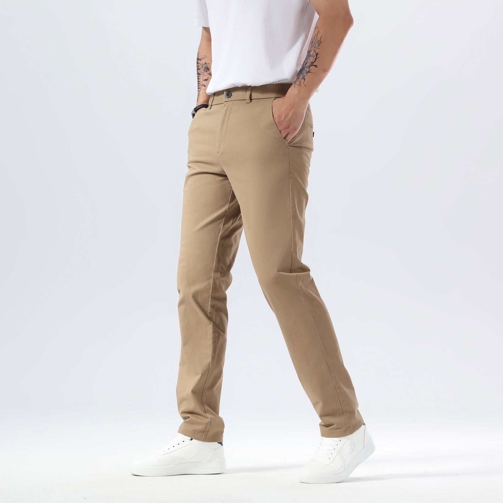 Plaid&Plain Dark Pebble Khaki Men’s Slim - Fit Chinos| Men’s Tapered Chino Pants