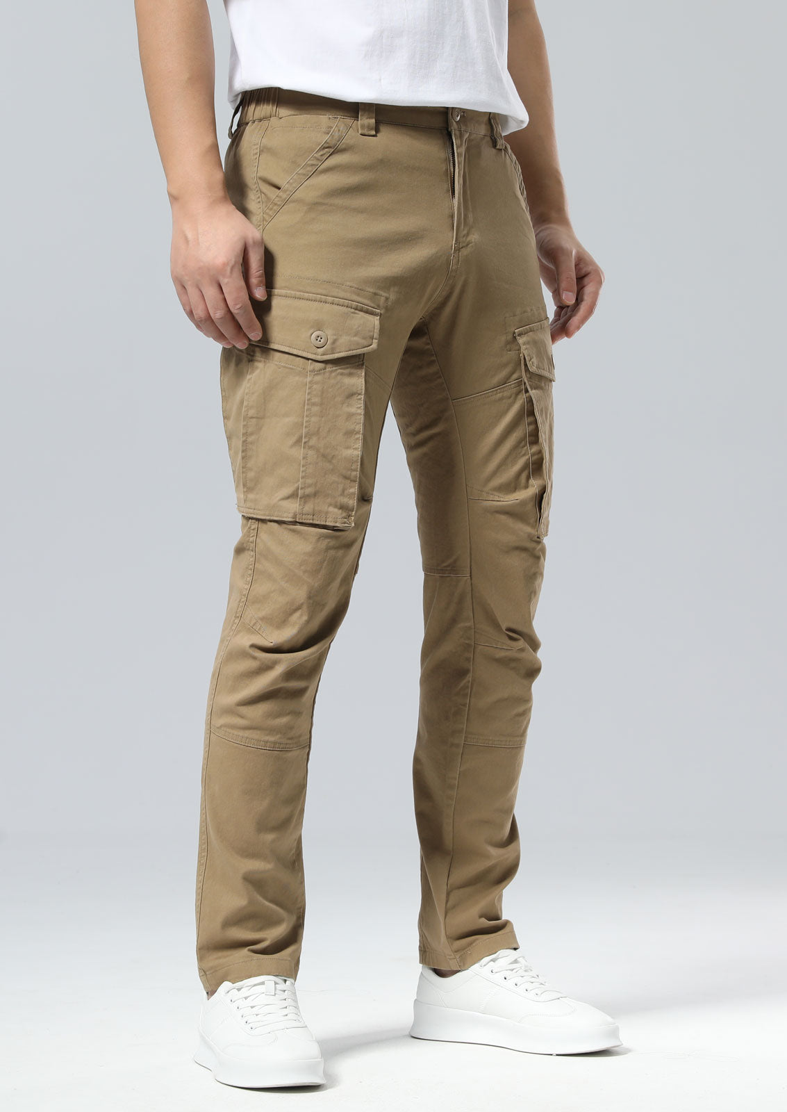 Plaid&Plain Men's Dark Pebble Khaki Slim Fit Cargo Pants | Tactical Utility with Articulated Knees | Outdoor Hiking & Workwear