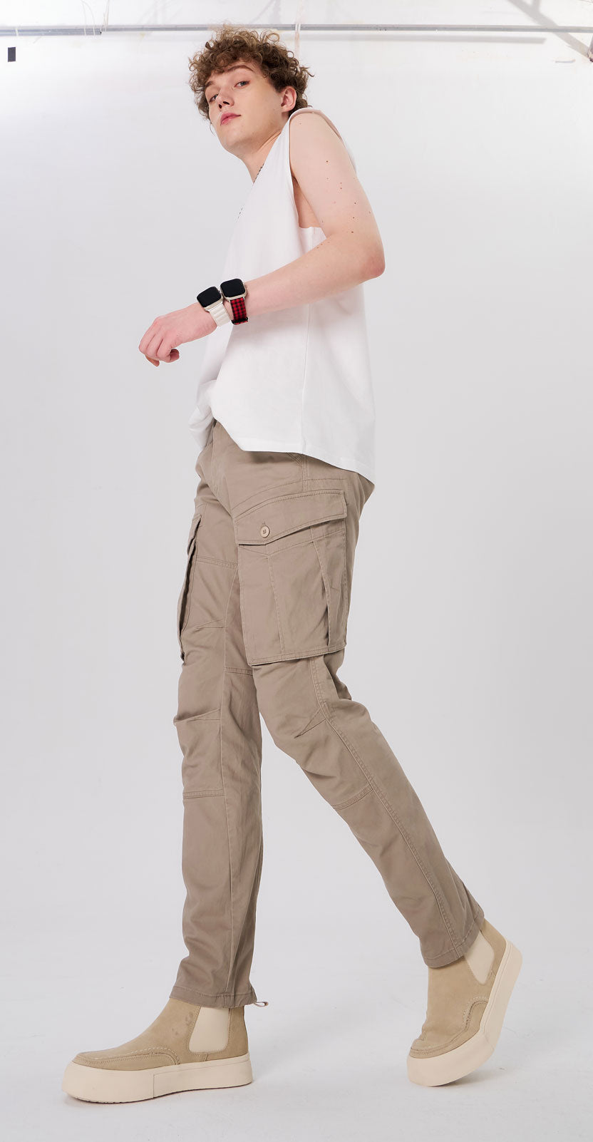 Plaid&Plain Men's Taupe Slim Fit Cargo Pants | Tactical Utility with Articulated Knees | Outdoor Hiking & Workwear