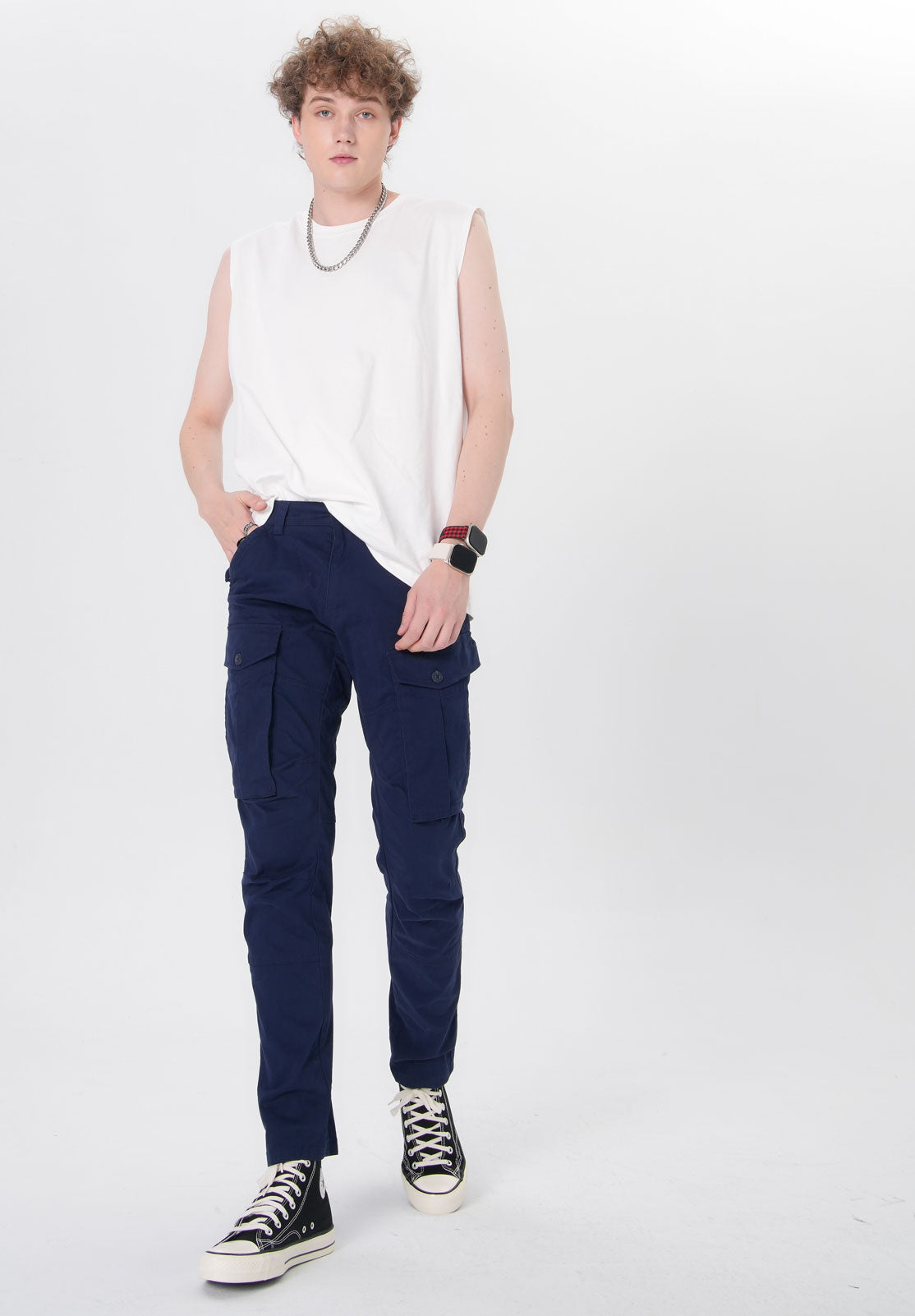 Plaid&Plain Men's Navy Blue Slim Fit Cargo Pants | Tactical Utility with Articulated Knees | Outdoor Hiking & Workwear