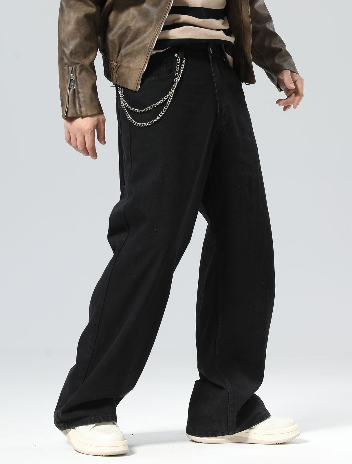 Plaid&Plain Men's Black Baggy Jeans |  Wide Leg Denim Pants for Hip Hop & Skateboarding