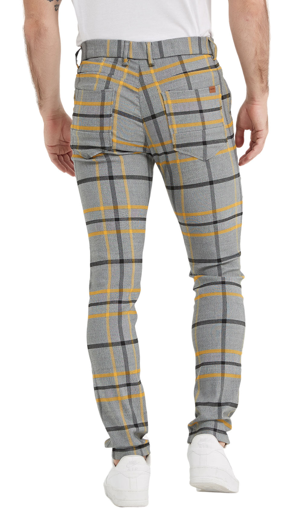 Plaid&Plain Grey Yellow Plaid Skinny Men's Chinos | Slacks Tapered Trousers