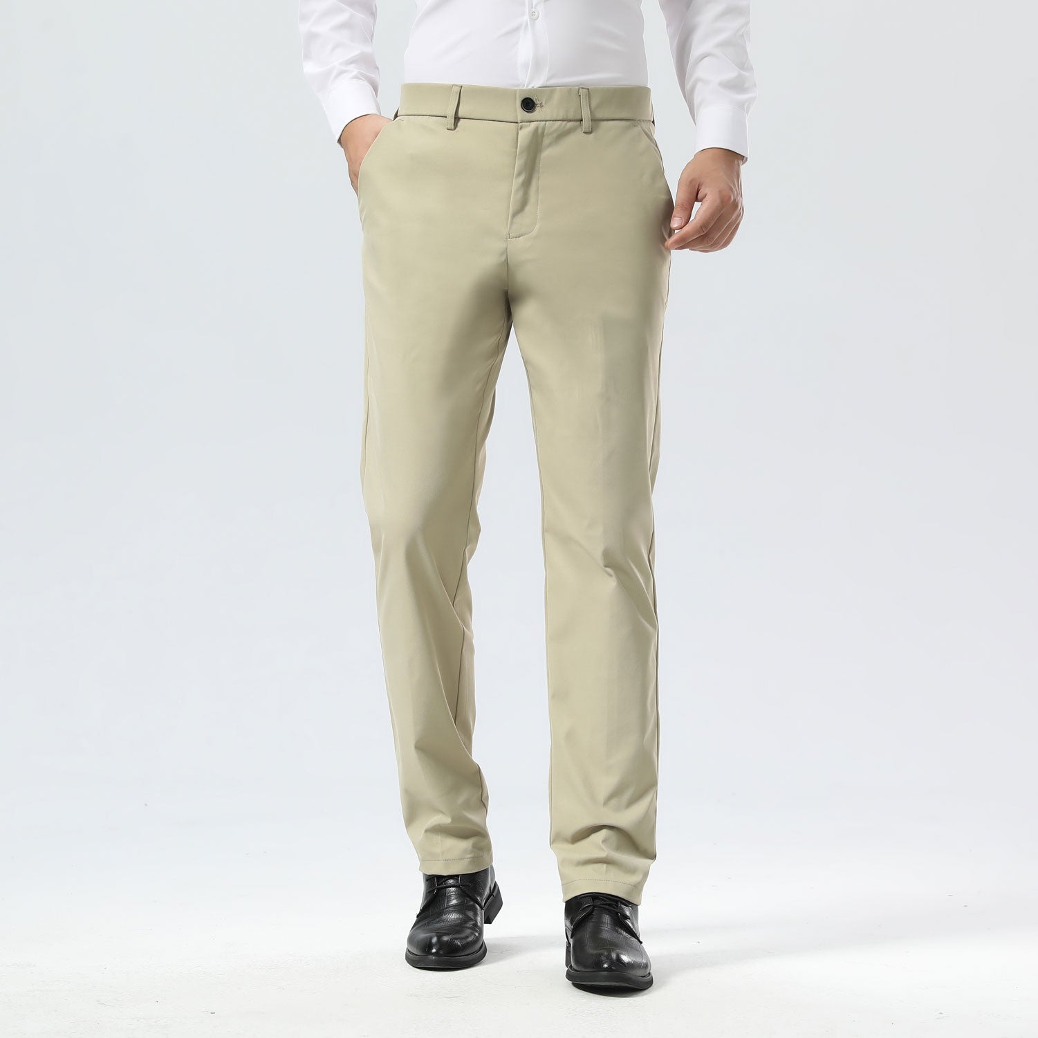 Plaid&Plain Beige Men's Dress Pants | Slim Fit Stretch Comfy Dress Pants