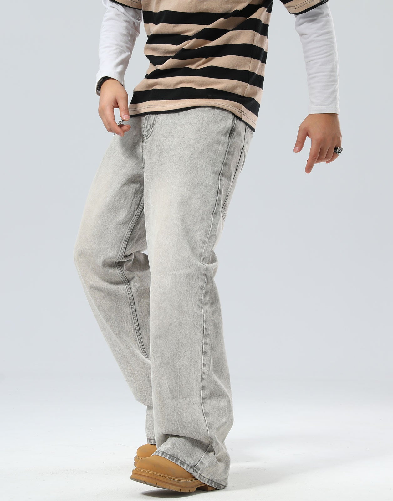 Plaid&Plain Men's Washed Grey Baggy Jeans |  Wide Leg Denim Pants for Hip Hop & Skateboarding