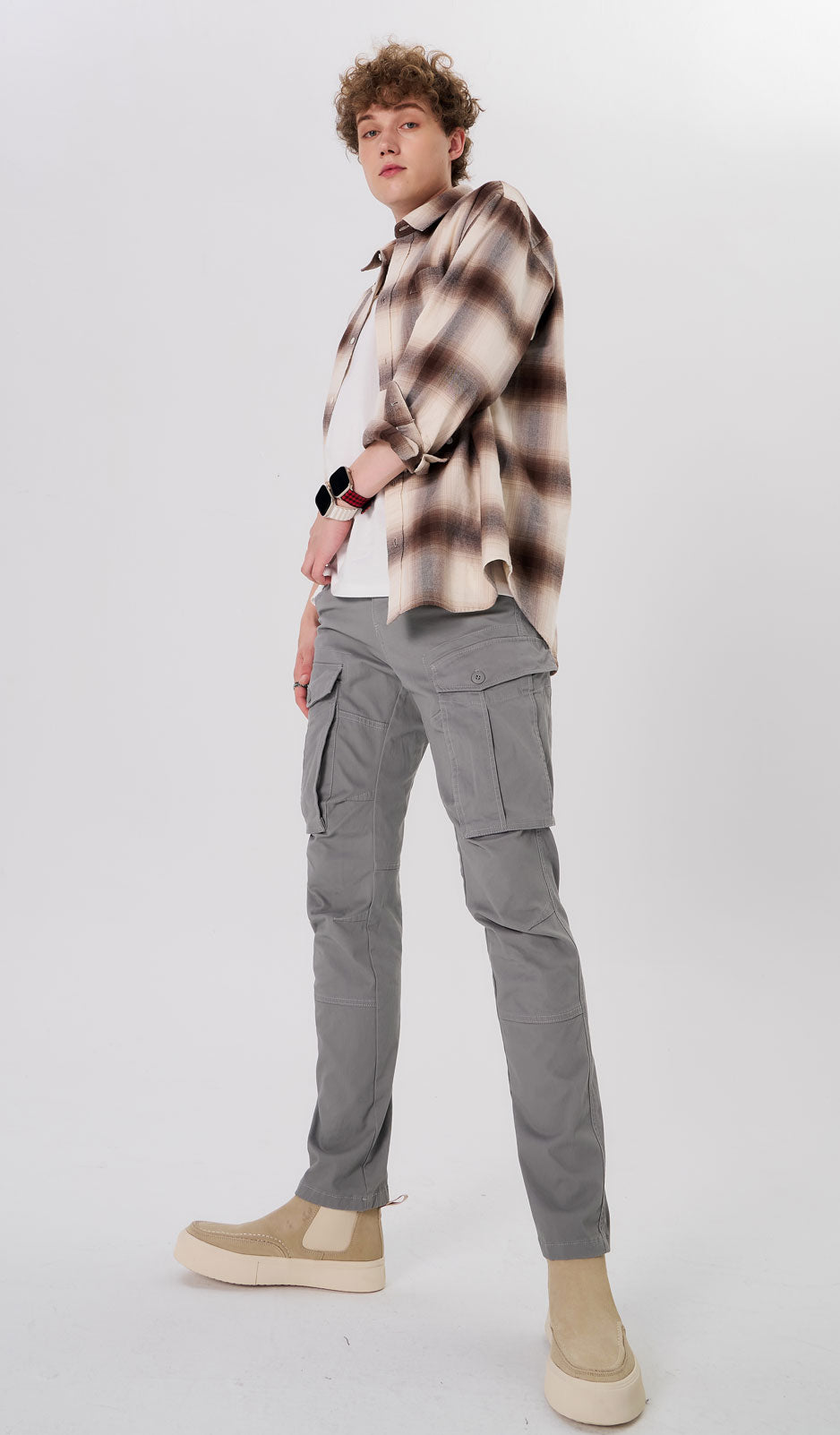 Plaid&Plain Men's Iron Grey Slim Fit Cargo Pants | Tactical Utility with Articulated Knees | Outdoor Hiking & Workwear