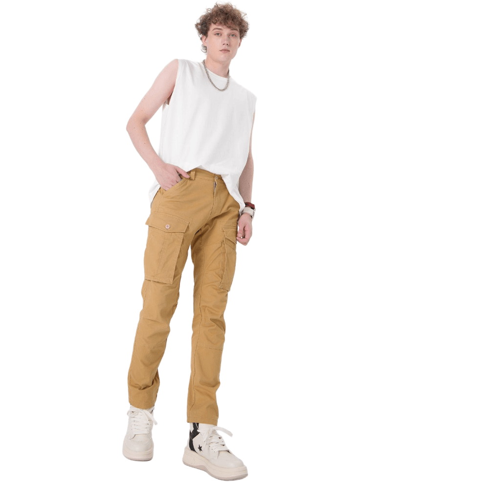 Plaid&Plain Men's Khaki Slim Fit Cargo Pants | Tactical Utility with Articulated Knees | Outdoor Hiking & Workwear - Plaid&Plain-C804-Khaki-28X28