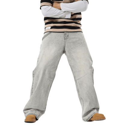 Plaid&Plain Men's Washed Grey Baggy Jeans | Wide Leg Denim Pants for Hip Hop & Skateboarding - Plaid&Plain-B01-Washed Grey-28X28