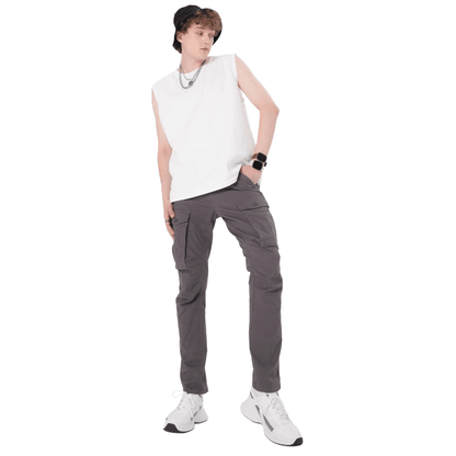Plaid&Plain Men's Grey Slim Fit Cargo Pants | Tactical Utility with Articulated Knees | Outdoor Hiking & Workwear - Plaid&Plain-C804-Grey-28X28