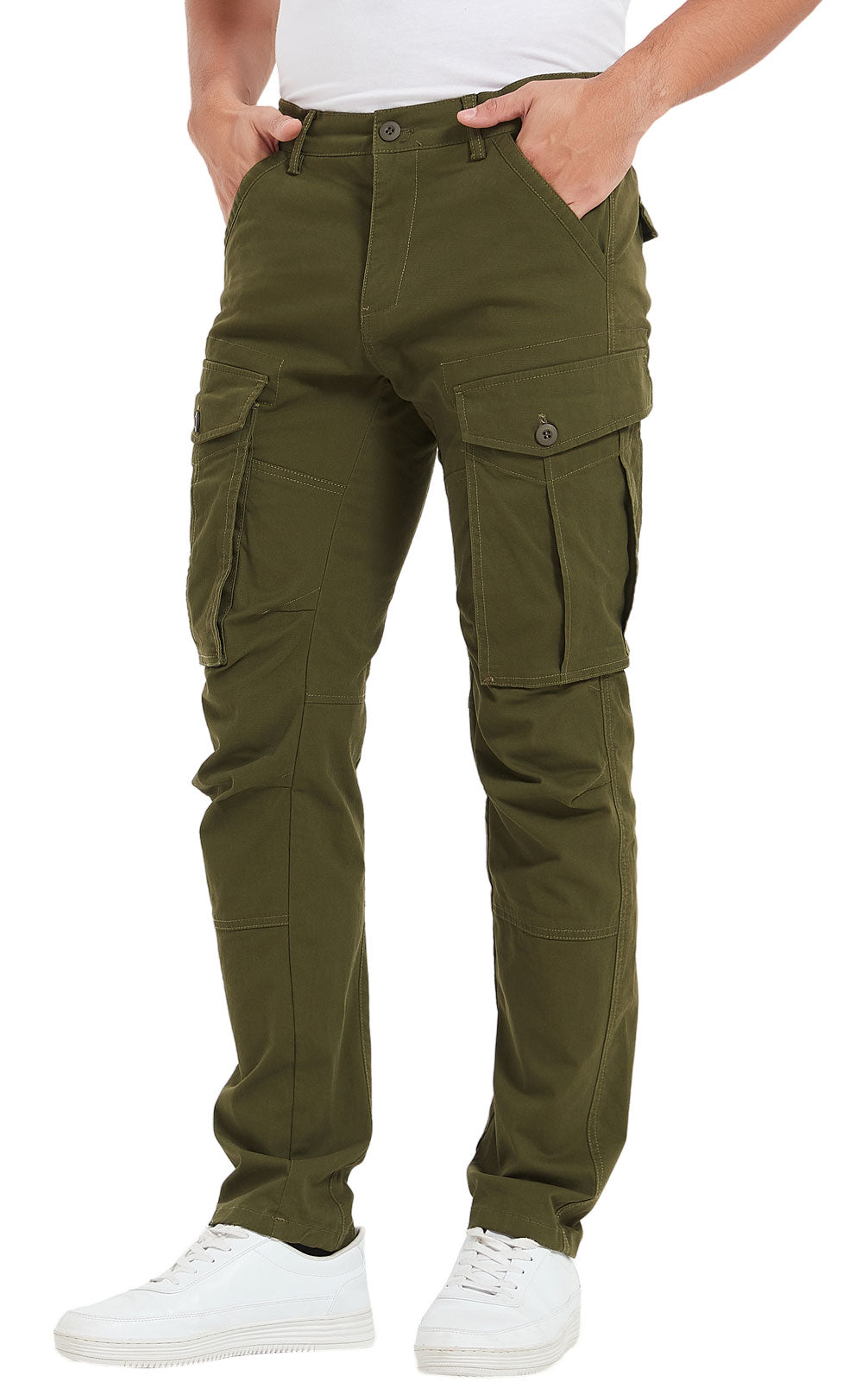 Plaid&Plain Men's Olive Slim Fit Cargo Pants | Tactical Utility with Articulated Knees | Outdoor Hiking & Workwear