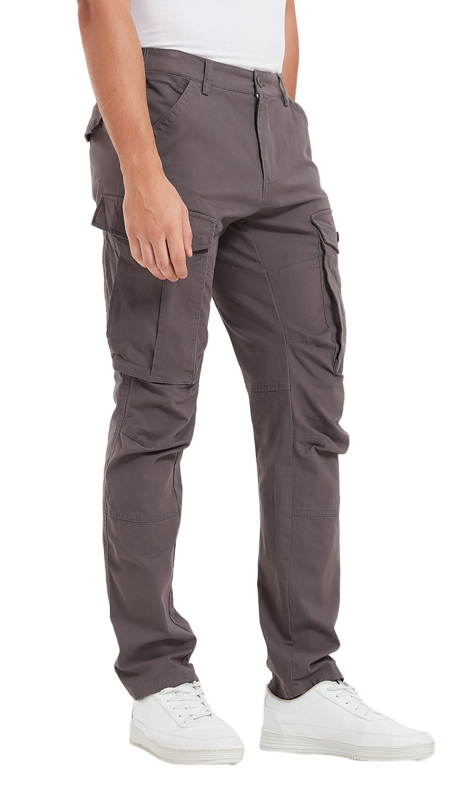 Plaid&Plain Men's Grey Slim Fit Cargo Pants | Tactical Utility with Articulated Knees | Outdoor Hiking & Workwear