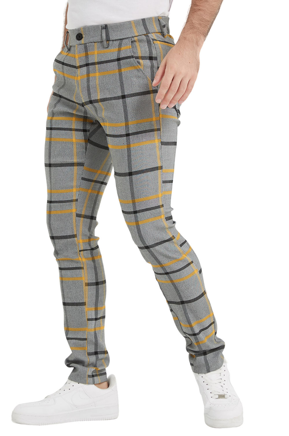Plaid&Plain Grey Yellow Plaid Skinny Men's Chinos | Slacks Tapered Trousers