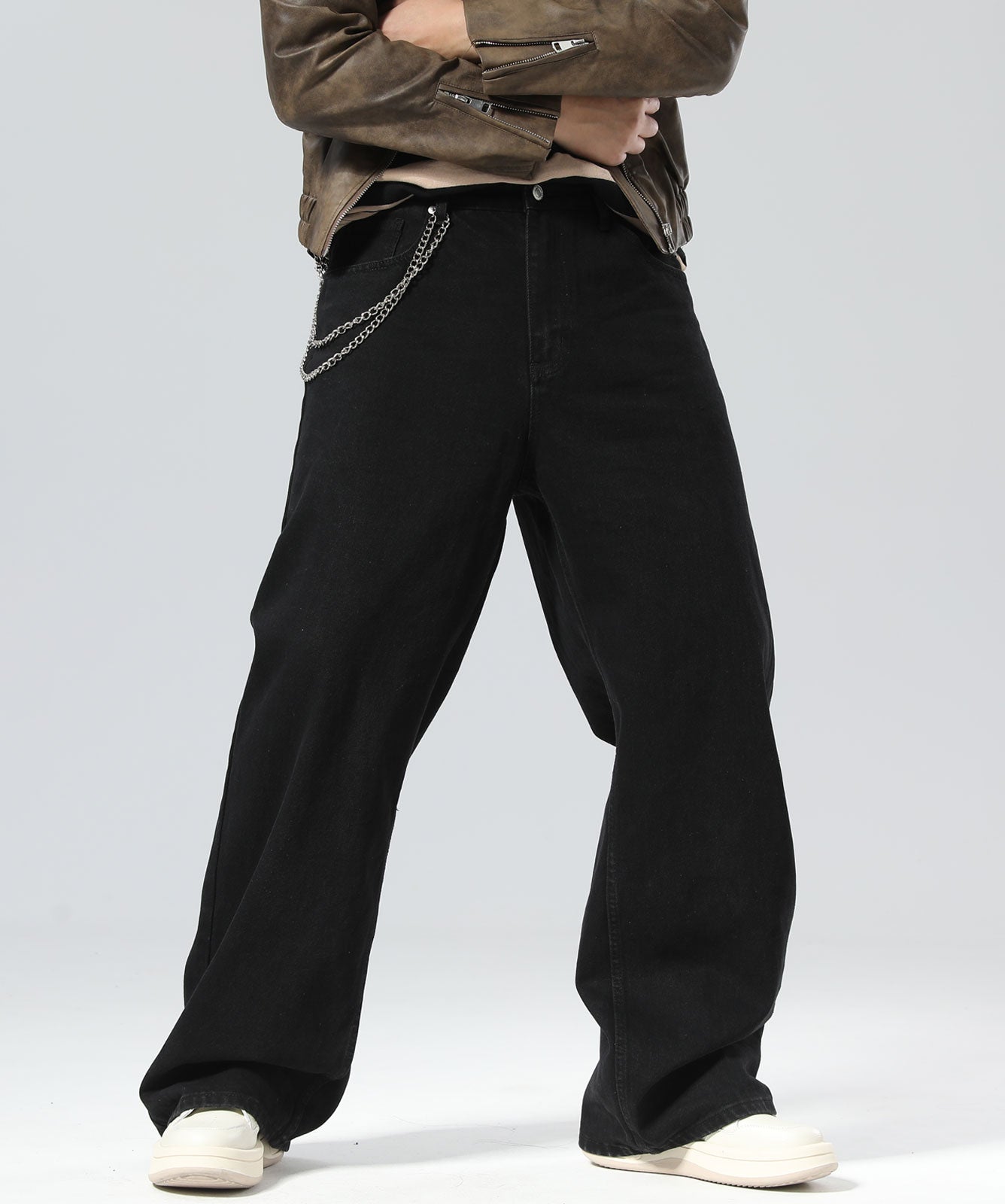 Plaid&Plain Men's Black Baggy Jeans |  Wide Leg Denim Pants for Hip Hop & Skateboarding