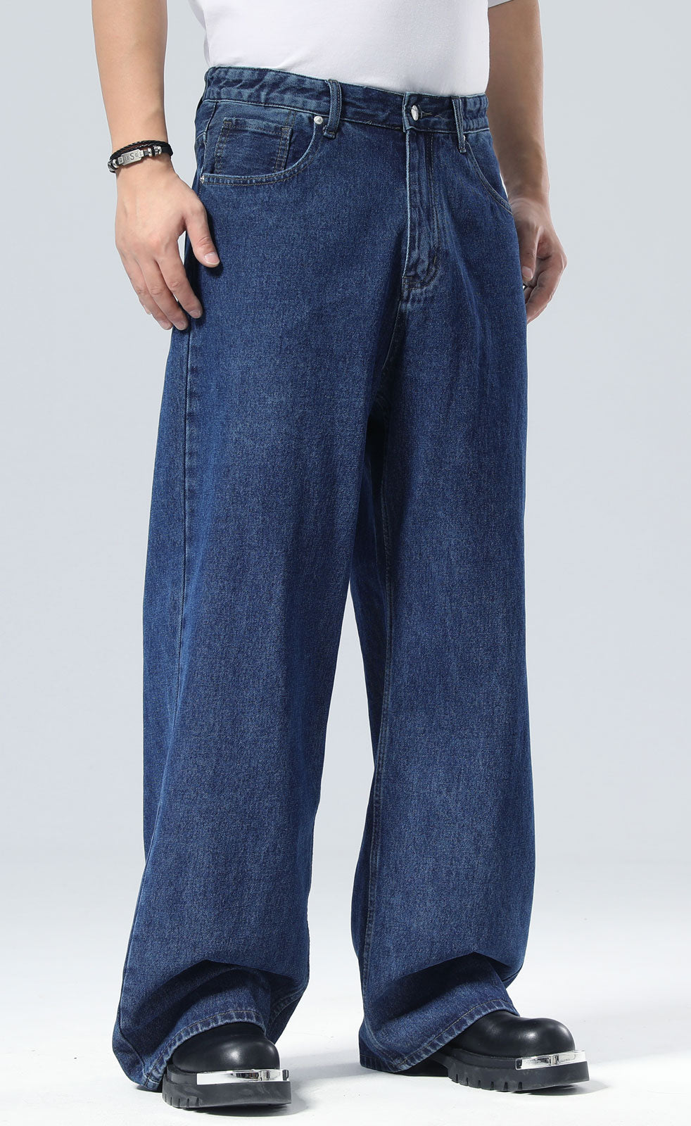 Plaid&Plain Men's Dark Stone Baggy Jeans |  Wide Leg Denim Pants for Hip Hop & Skateboarding