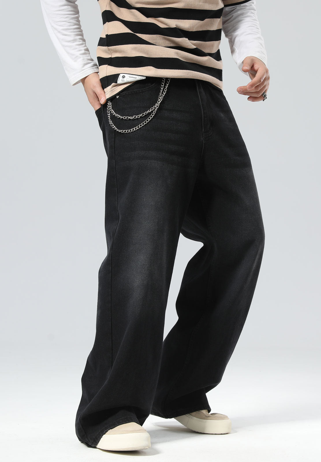 Plaid&Plain Men's Washed Black Baggy Jeans |  Wide Leg Denim Pants for Hip Hop & Skateboarding