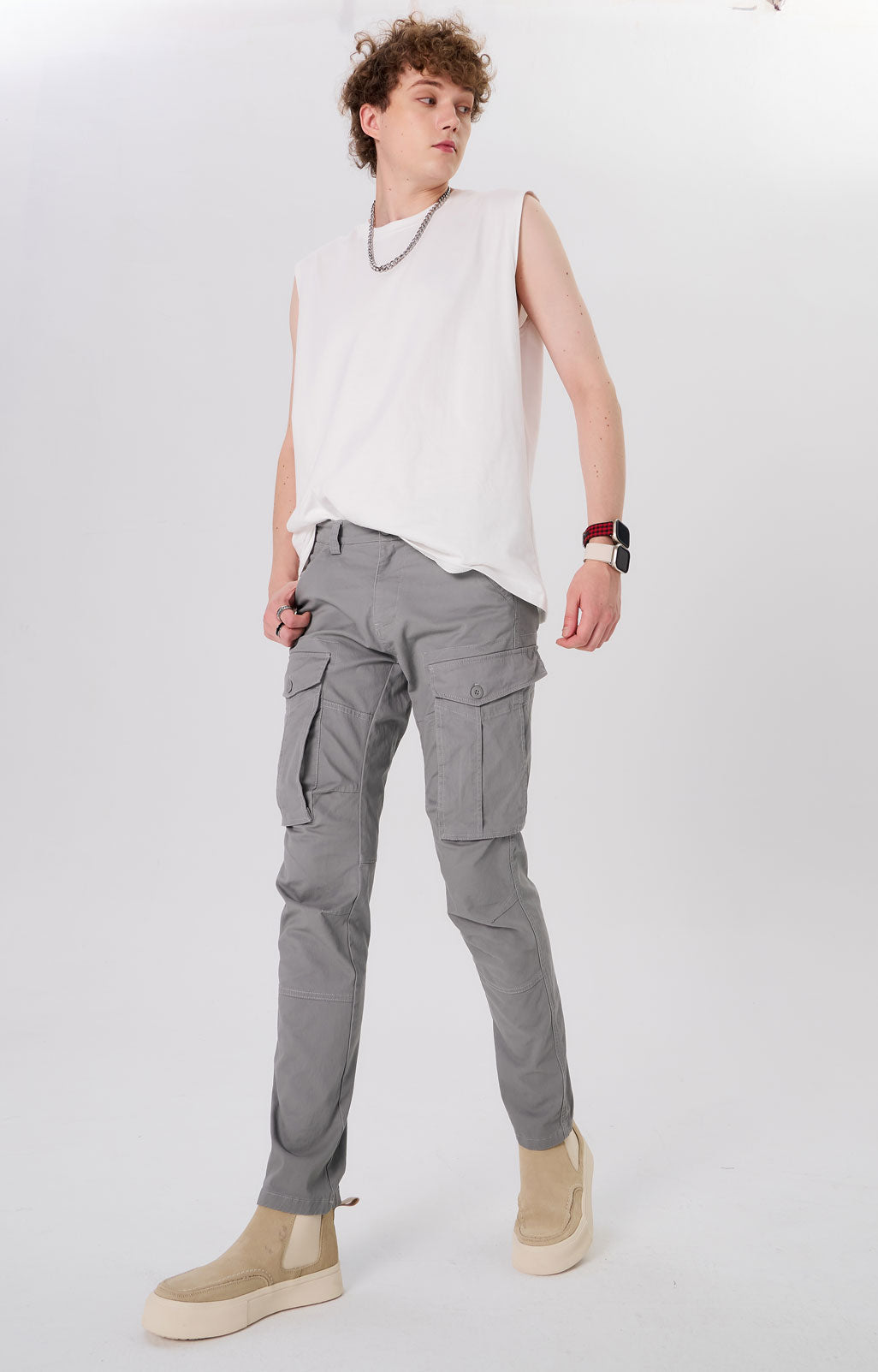 Plaid&Plain Men's Iron Grey Slim Fit Cargo Pants | Tactical Utility with Articulated Knees | Outdoor Hiking & Workwear