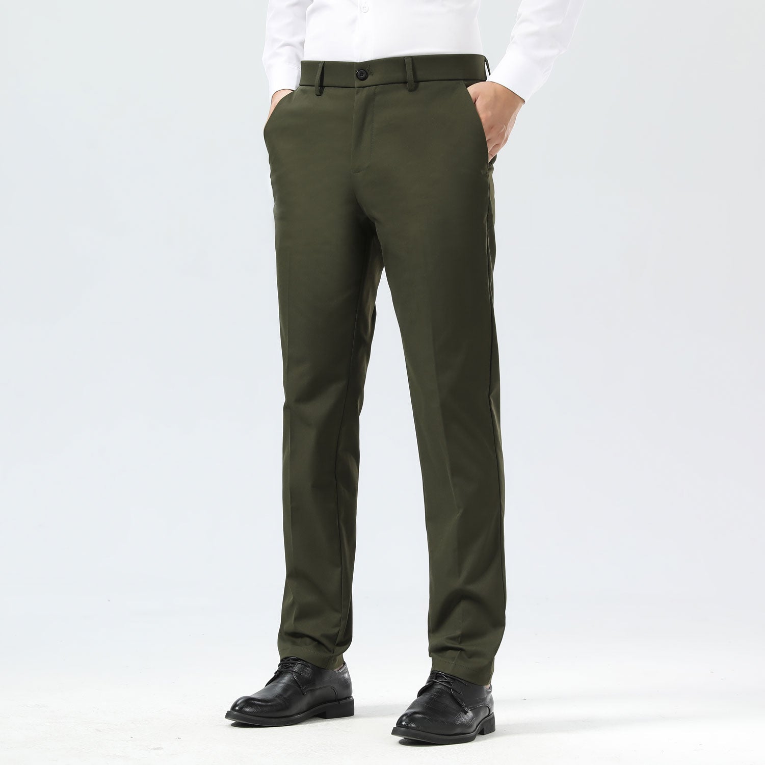 Plaid&Plain Olive Men's Dress Pants | Slim Fit Stretch Comfy Dress Pants