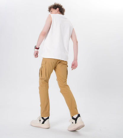 Plaid&Plain Men's Khaki Slim Fit Cargo Pants | Tactical Utility with Articulated Knees | Outdoor Hiking & Workwear